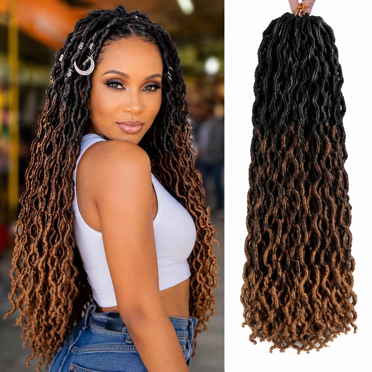 Goddess Faux Locs Crochet | Gypsy Locs Ondulados 3 Tons | Pack de 6