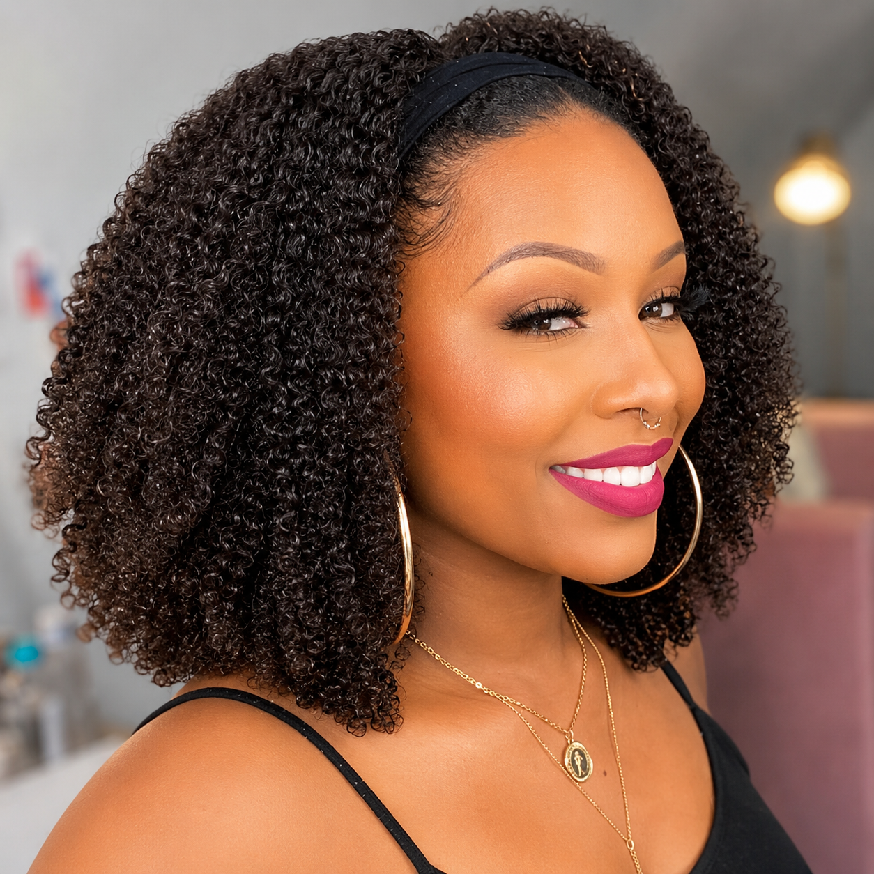 Peruca com Headband Afro Kinky Curly | Cabelo Brasileiro Remy 180% Densidade