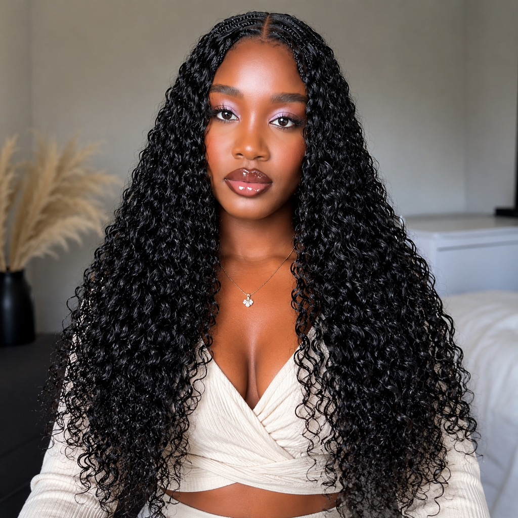 Extensões de Cabelo Humano Crochet Kinky Curly Boho Braids 100% Cabelo Humano Cru — Tranças Feathered com Miracle Knots