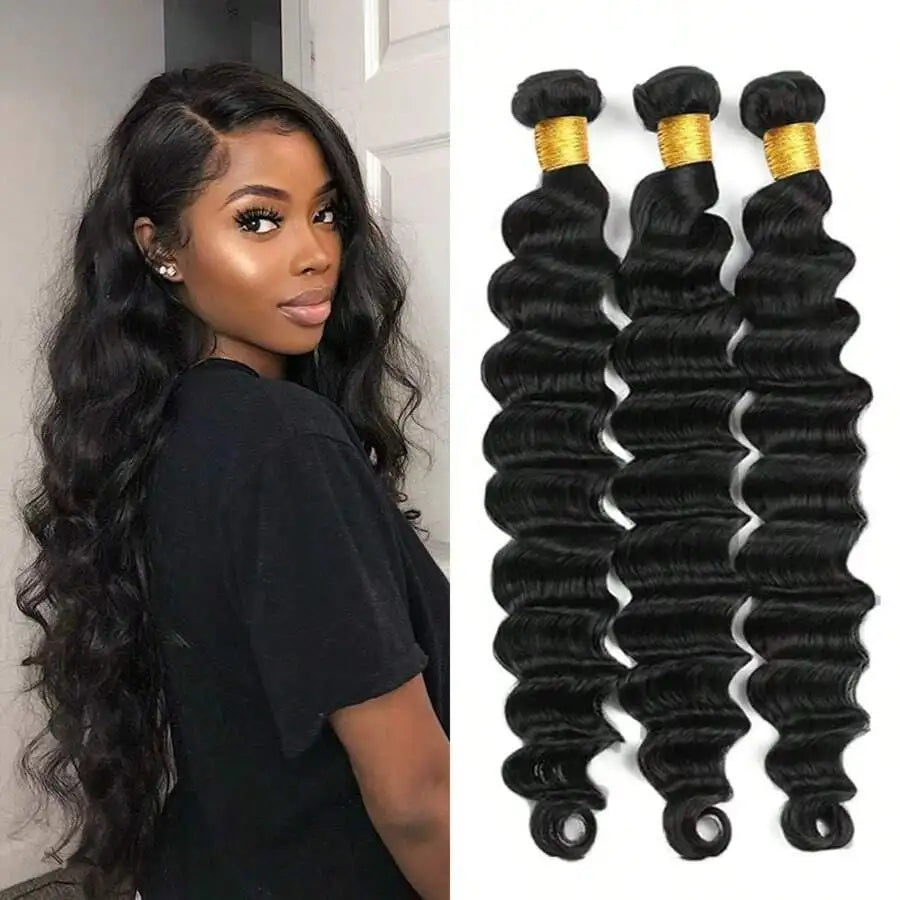Mechas de Cabelo Humano Loose Deep Wave Brasileiro Remy Virgem — Extensões Duplas Espessas Cor Preto Natural para Mulher
