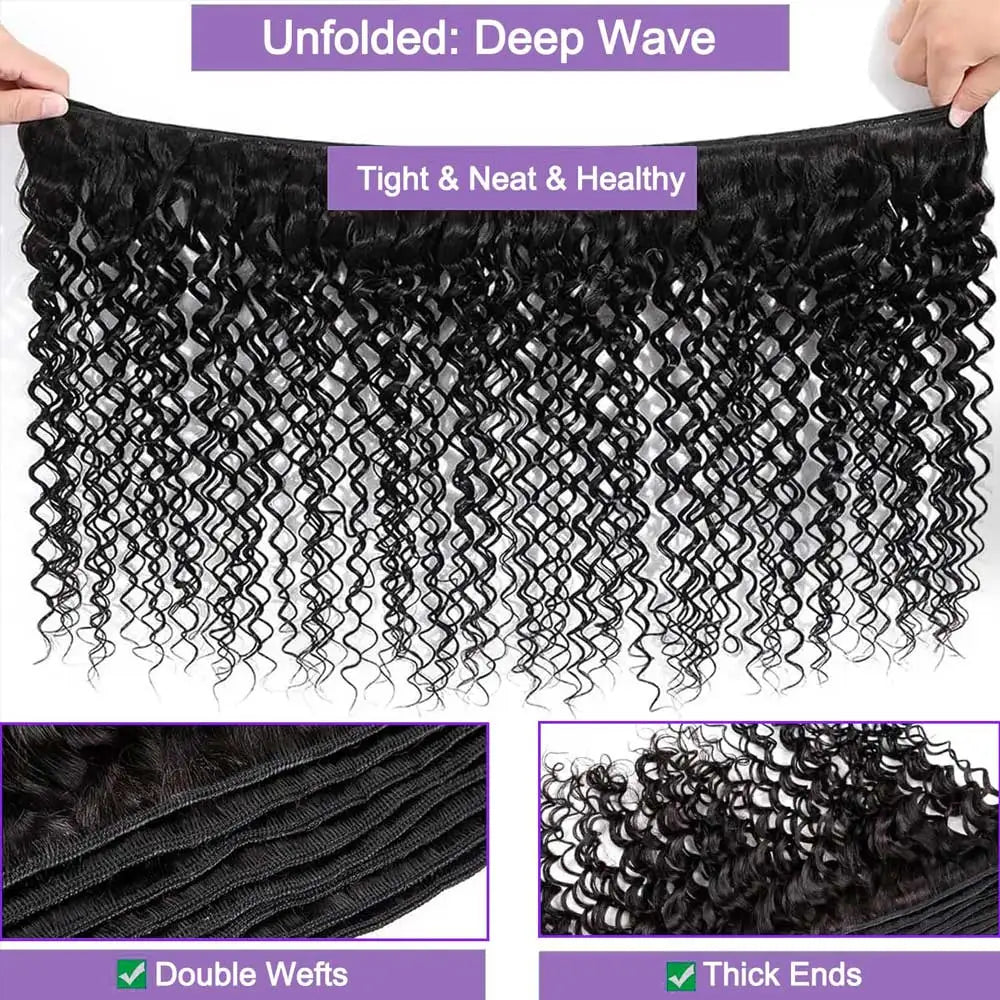 Mechas de Cabelo Humano Loose Deep Wave Brasileiro Remy Virgem — Extensões Duplas Espessas Cor Preto Natural para Mulher