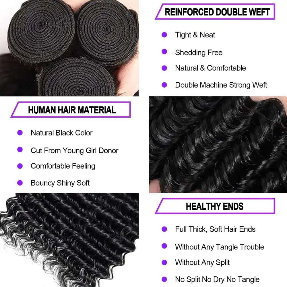 Mechas de Cabelo Humano Loose Deep Wave Brasileiro Remy Virgem — Extensões Duplas Espessas Cor Preto Natural para Mulher